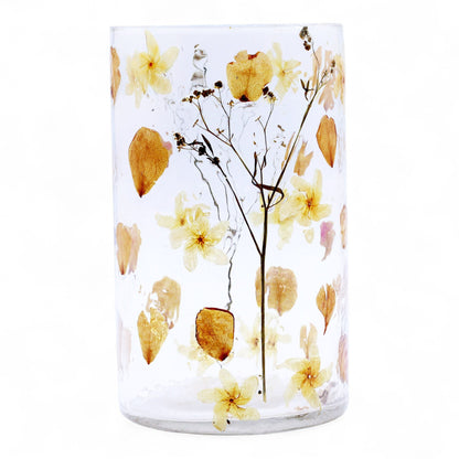 Portavelas de vidrio reciclado – Rose 19x11 CM, portavelas cilíndrico de vidrio reciclado transparente con flores prensadas amarillas
