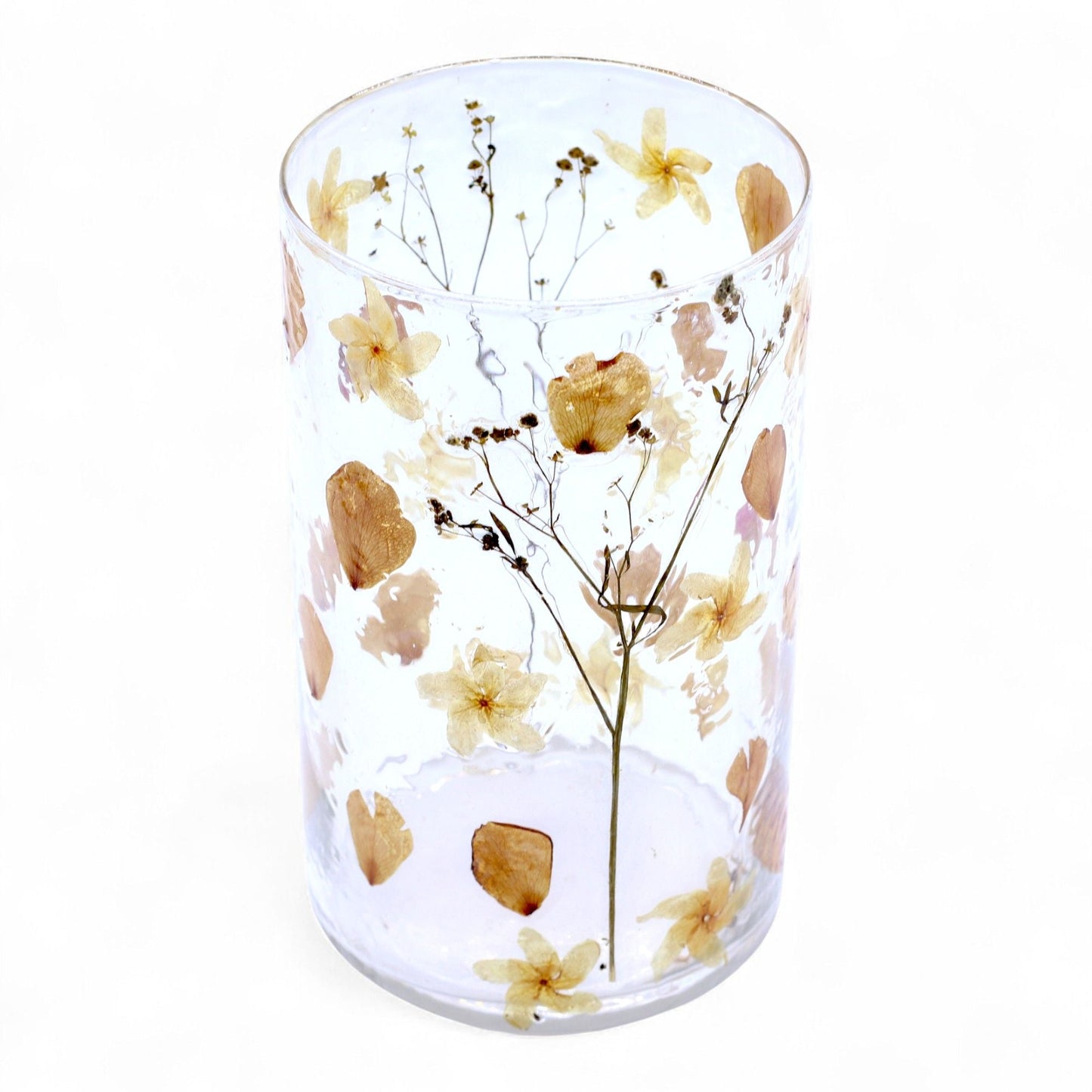 Alt Tag: Portavelas de vidrio reciclado – Rose 19x11 CM, portavelas de vidrio reciclado transparente con flores secas prensadas encastradas