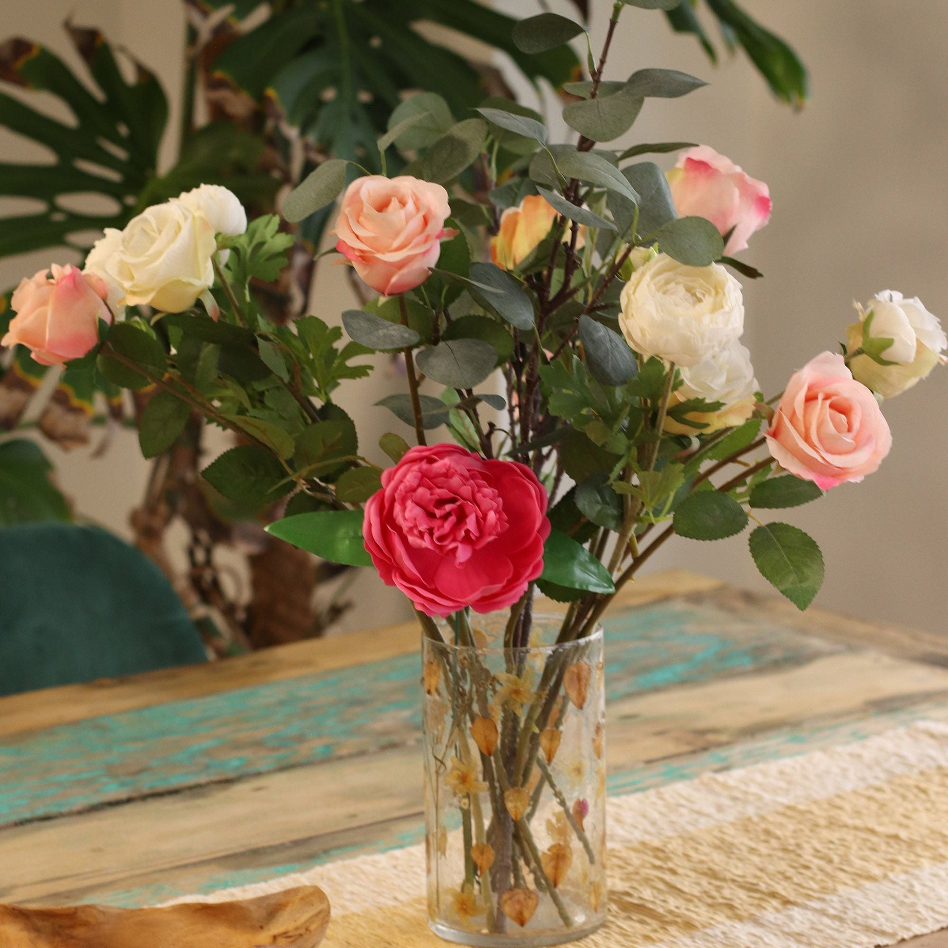 Portavelas de vidrio reciclado – Rosa 19x11 CM con flores secas prensadas en vidrio reciclado transparente para mesa, portavelas decorativo floral
