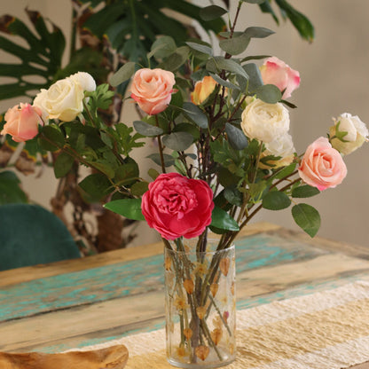 Portavelas de vidrio reciclado – Rosa 19x11 CM con flores secas prensadas en vidrio reciclado transparente para mesa, portavelas decorativo floral