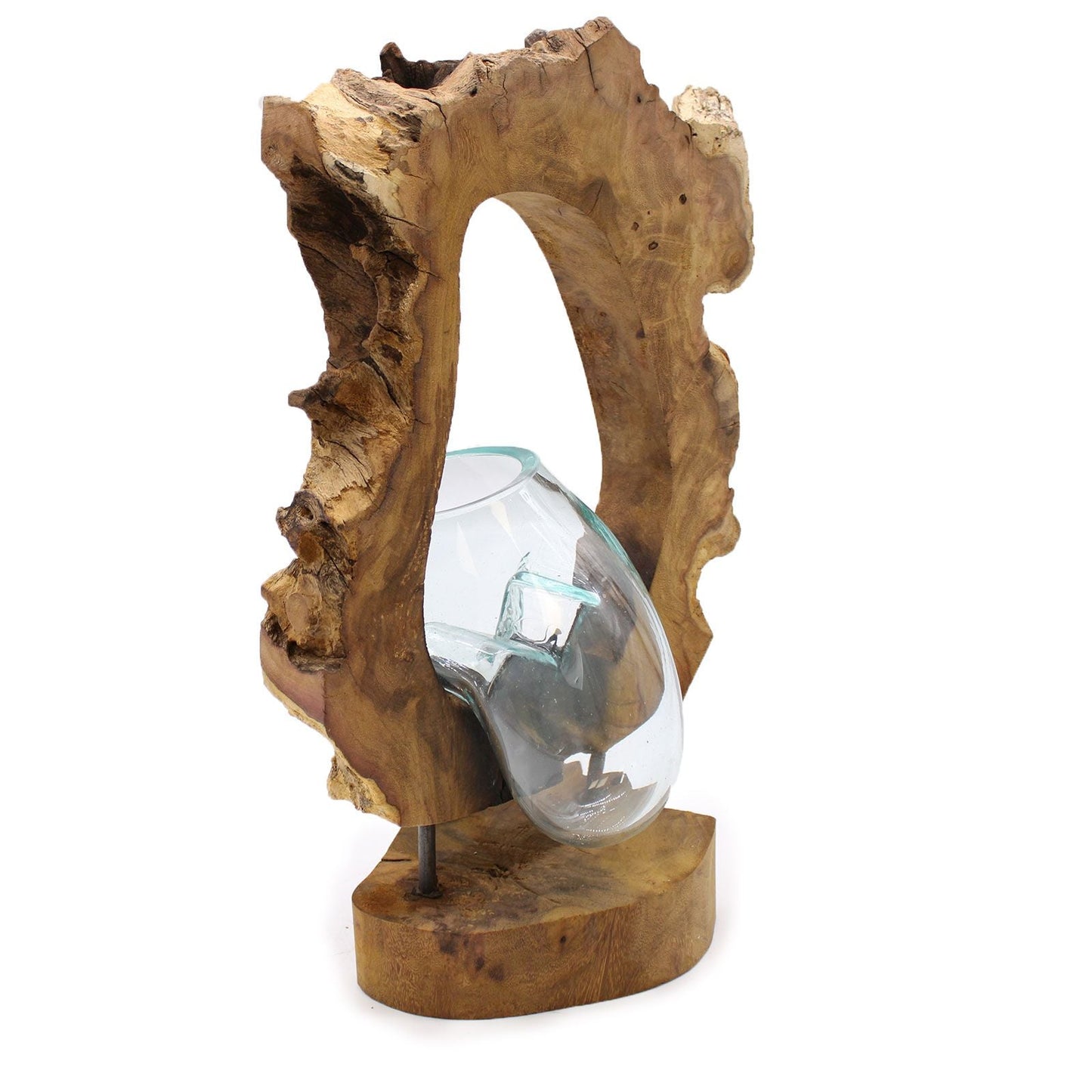 Recycled Glass Hanging Art Vase – 26x40x15 CM, jarrón artístico de vidrio reciclado soplado a mano sobre base de madera Gamal