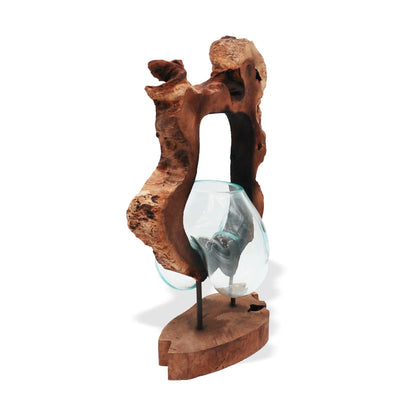 Recycled Glass Hanging Art Vase – 26x40x15 CM, hand-blown glass vase mounted on Gamal wood hanging sculpture