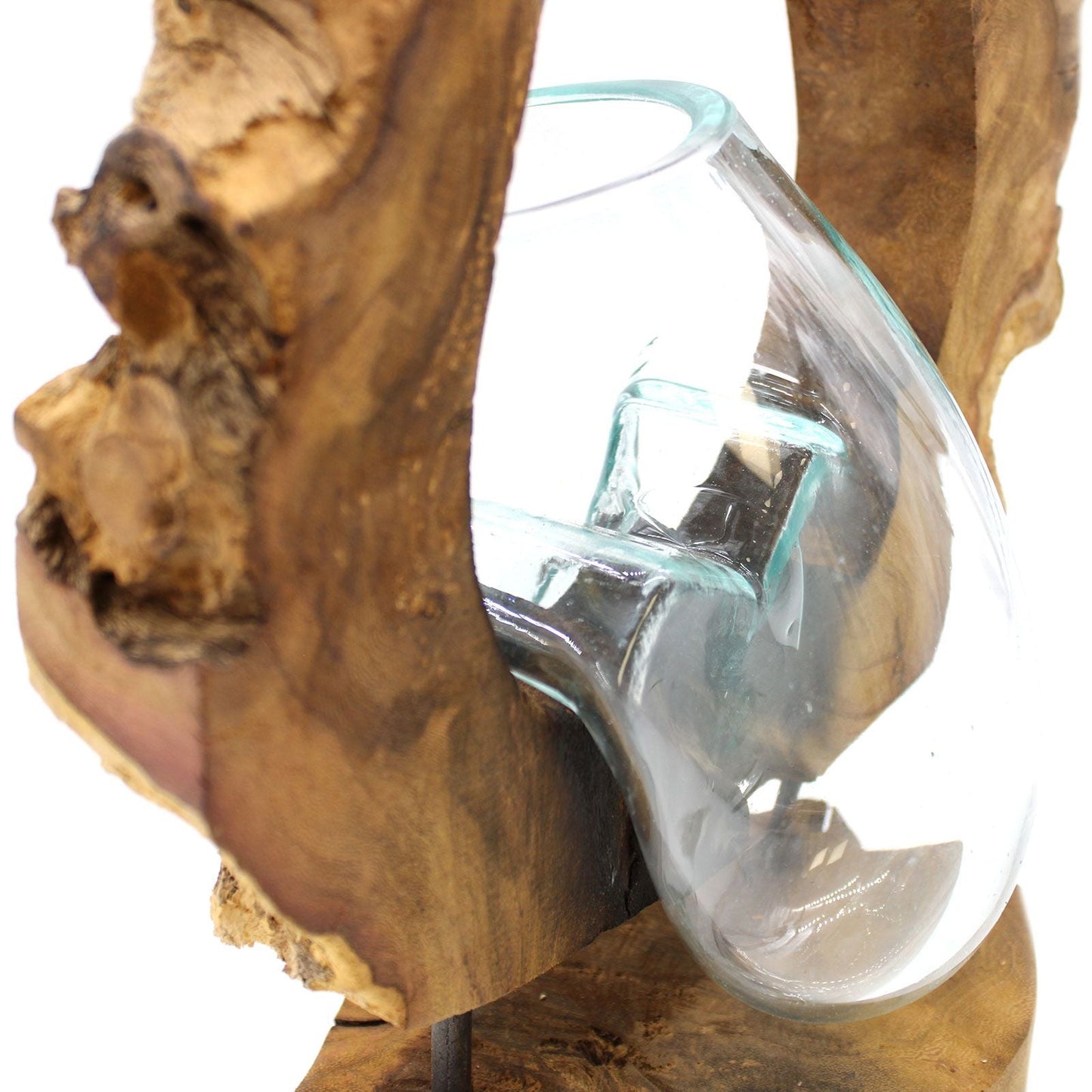 Alt Tag: Recycled Glass Hanging Art Vase – 26x40x15 CM, hand-blown recycled glass vase on Gamal wood hanging art decor close-up