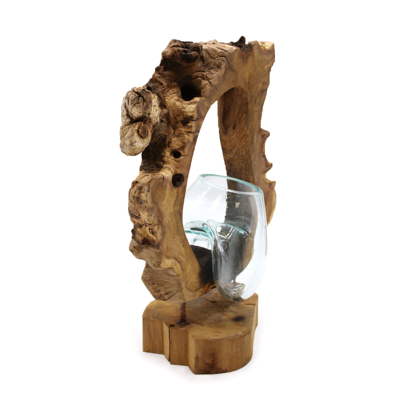 Recycled Glass Hanging Art Vase – 26x40x15 CM, hand-blown recycled glass vase on Gamal wood hanging art sculpture