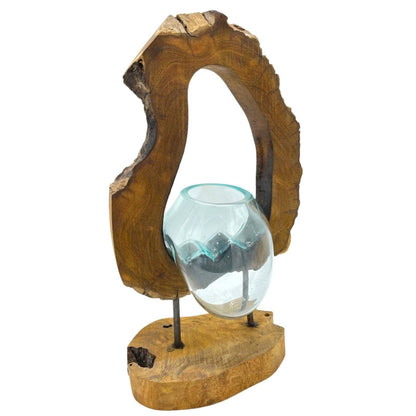 Alt Tag: Recycled Glass Hanging Art Vase – 26x40x15 CM hand-blown recycled glass vase mounted on Gamal wood hanging art sculpture