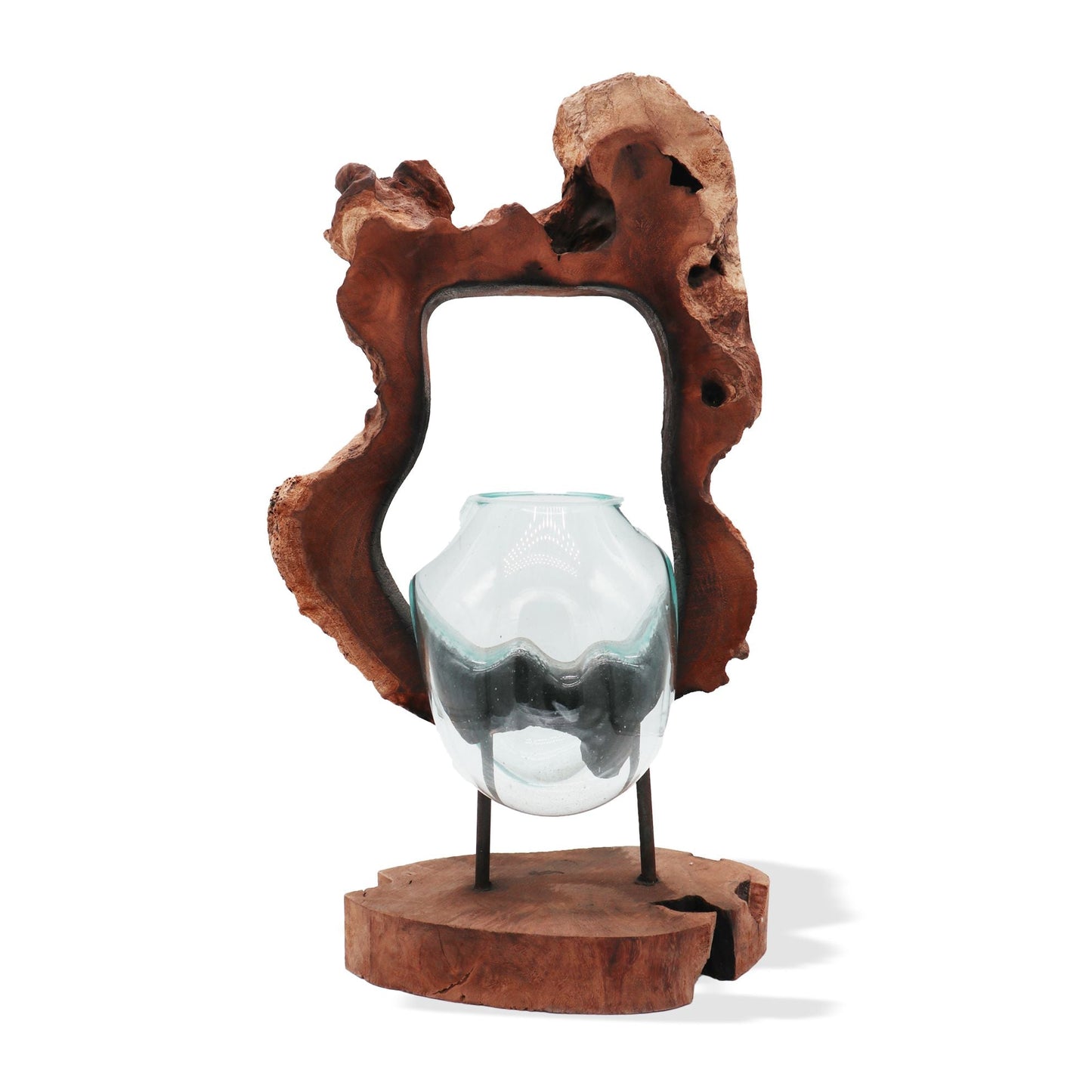 Recycled Glass Hanging Art Vase – 26x40x15 CM, hand-blown recycled glass vase mounted on Gamal wood art stand