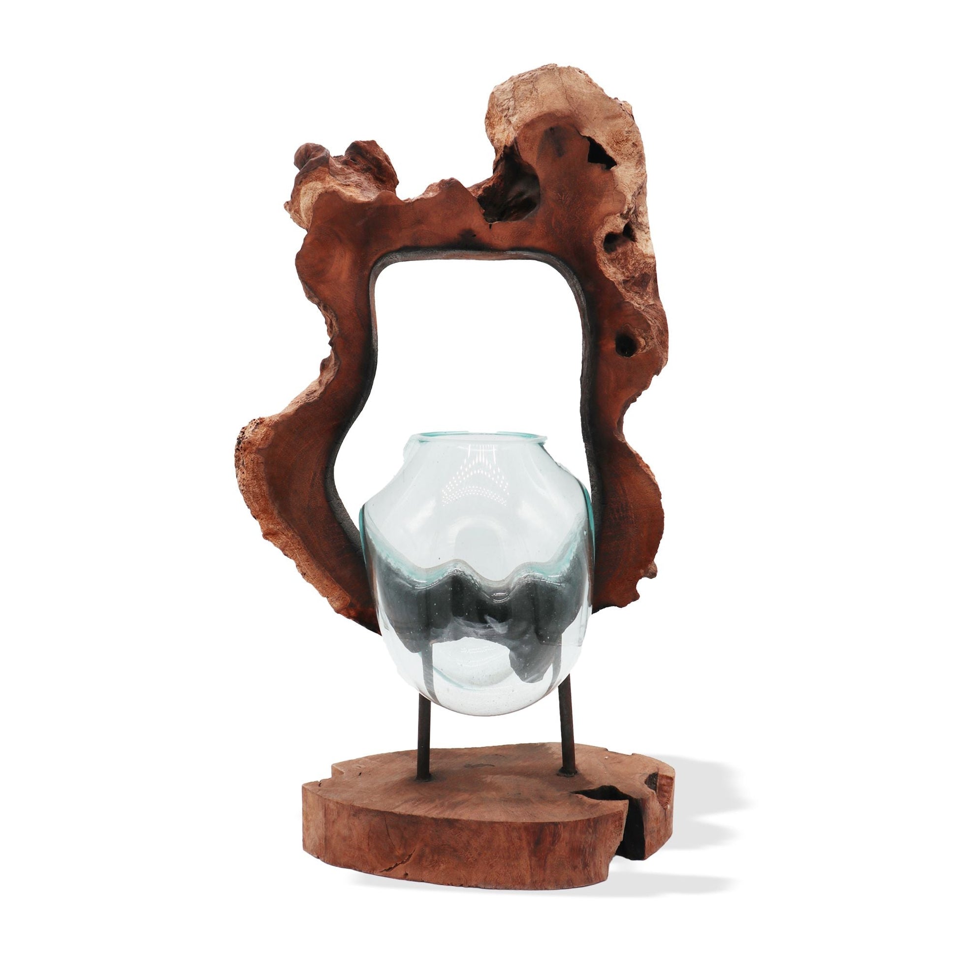 Recycled Glass Hanging Art Vase – 26x40x15 CM, hand-blown recycled glass vase mounted on Gamal wood art stand