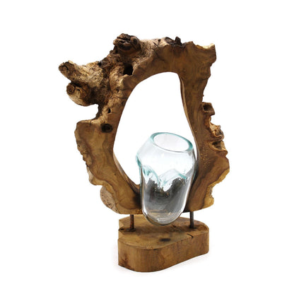 Recycled Glass Hanging Art Vase – 26x40x15 CM hand-blown recycled glass vase on Gamal wood hanging art sculpture