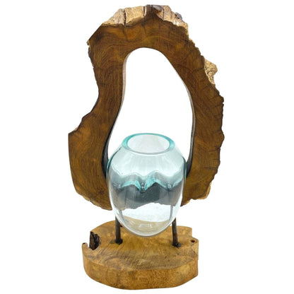Alt Tag: Recycled Glass Hanging Art Vase – 26x40x15 CM hand-blown recycled glass vase on Gamal wood hanging art sculpture