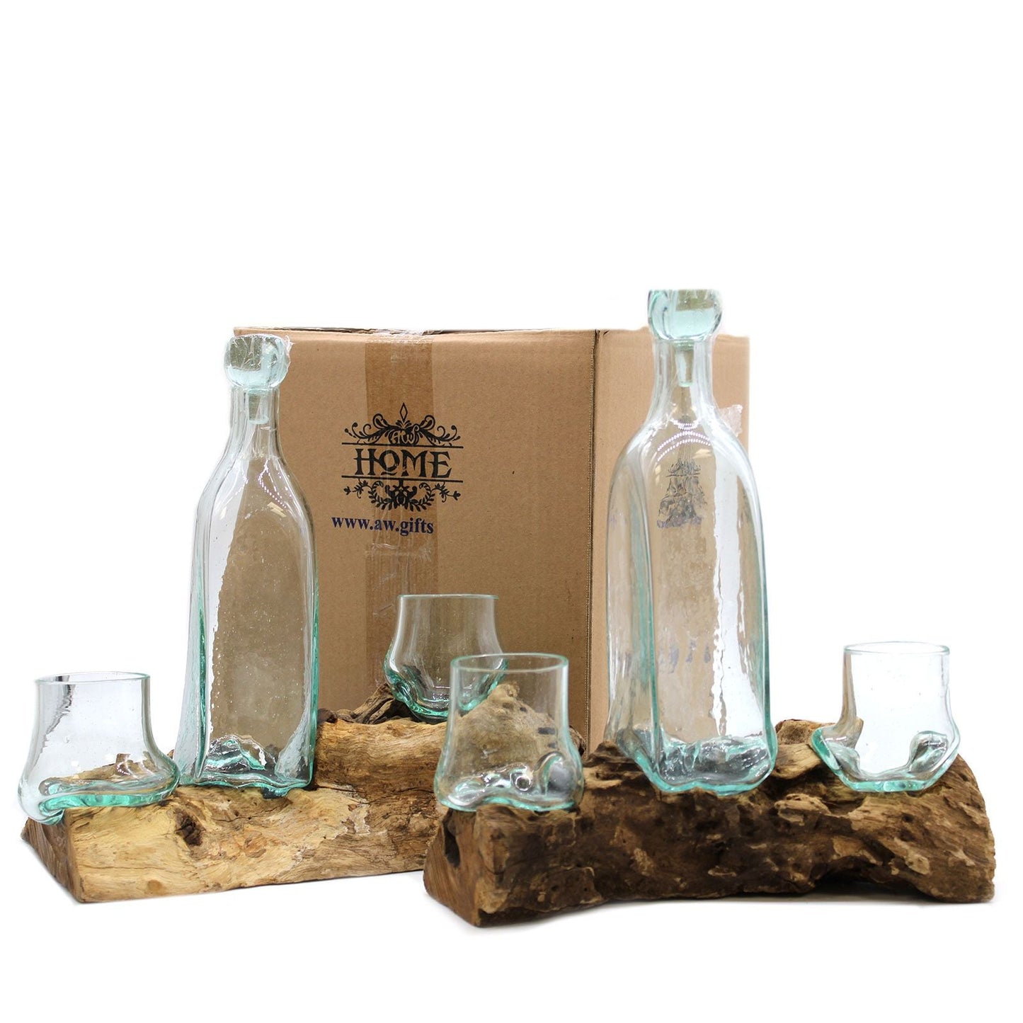 Alt Tag: Recycled Glass Tasting Set – 500ML with recycled glass bottle and tumblers on Balinese Gamal wood bases, gift box