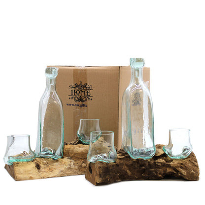 Alt Tag: Recycled Glass Tasting Set – 500ML with recycled glass bottle and tumblers on Balinese Gamal wood bases, gift box