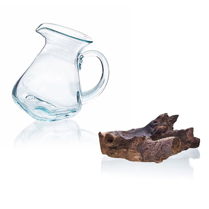 Alt Tag: Recycled Glass Water Jug – 18x10 CM Artisan Blend with clear recycled glass jug and Balinese Gamal wood root base