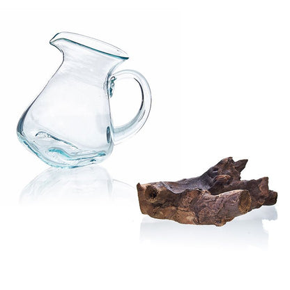 Alt Tag: Recycled Glass Water Jug – 18x10 CM Artisan Blend with clear recycled glass jug and Balinese Gamal wood root base