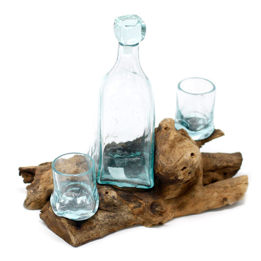 Recycled Glass Tasting Set – 500ML with clear glass decanter and two tumblers on natural Balinese Gamal wood base