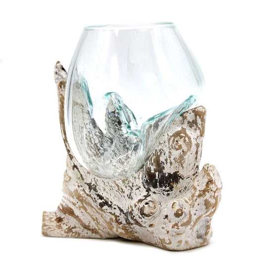 Recycled Glass on Whitewashed Gamal Wood Bowl – Medium, handcrafted recycled glass bowl on whitewashed Gamal wood base, 13x11x10 cm