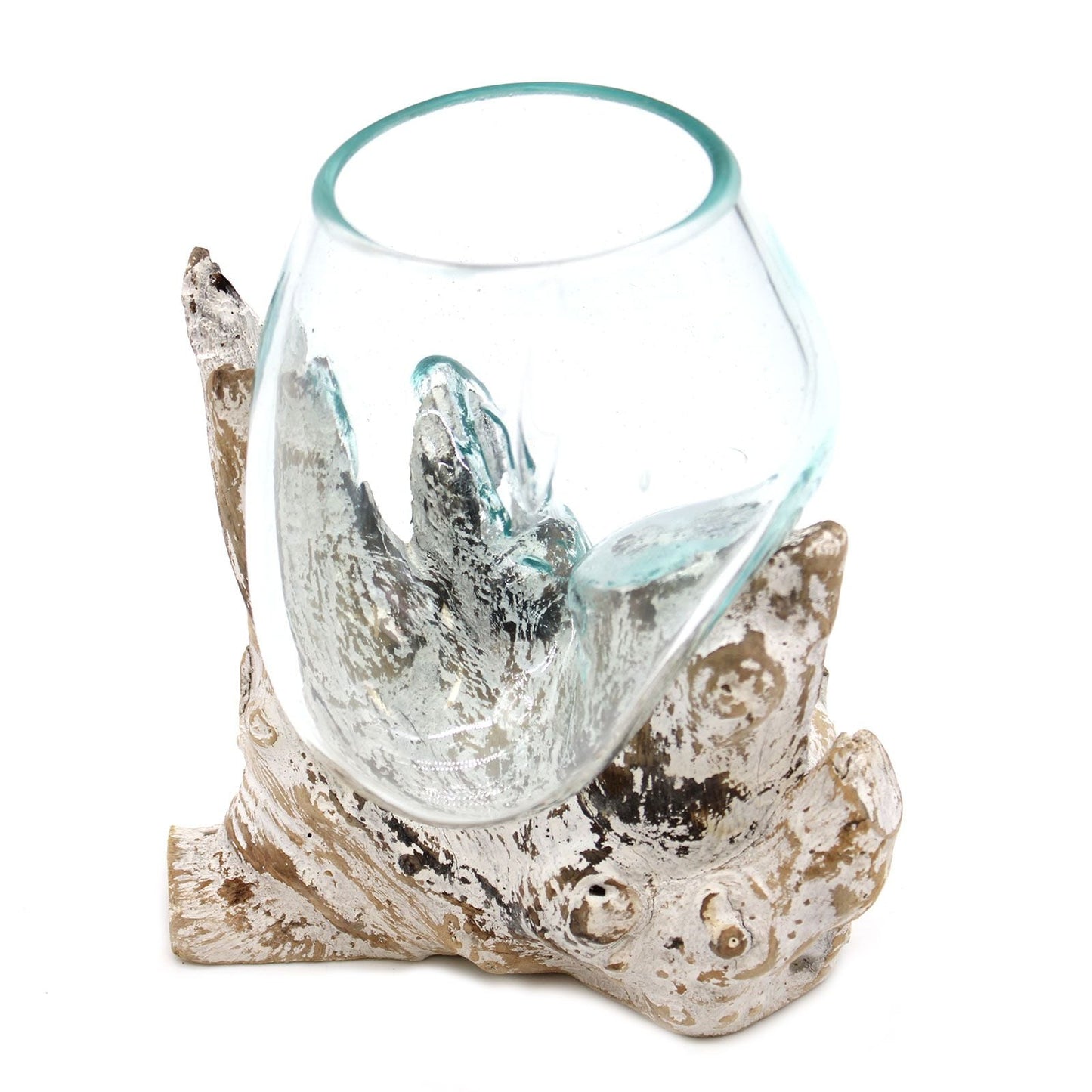 Alt Tag: Återvunnet glas på vitkalkad Gamal träskål – Medium, handgjord skål i återvunnet glas på vitkalkad Gamal träbas, 13x11x10 cm