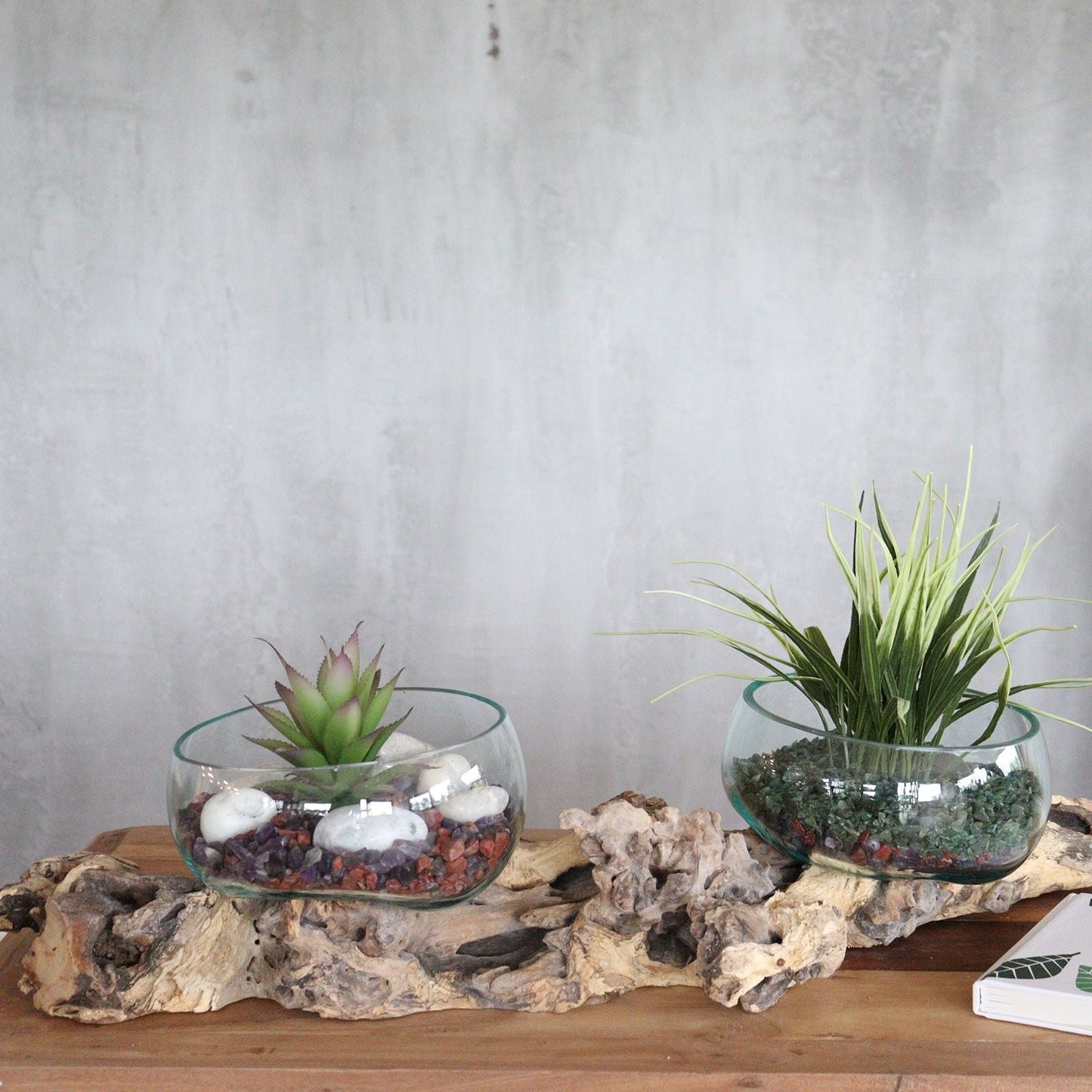 Alt Tag: Recycled Molten Glass Art – XL 70CM Stand glass bowl planters on Gamal wood base, recycled hand-blown glass centerpiece
