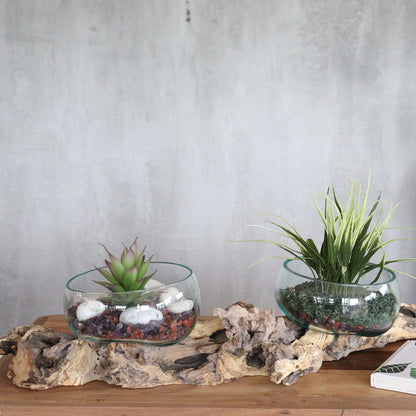 Alt Tag: Recycled Molten Glass Art – XL 70CM Stand glass bowl planters on Gamal wood base, recycled hand-blown glass centerpiece
