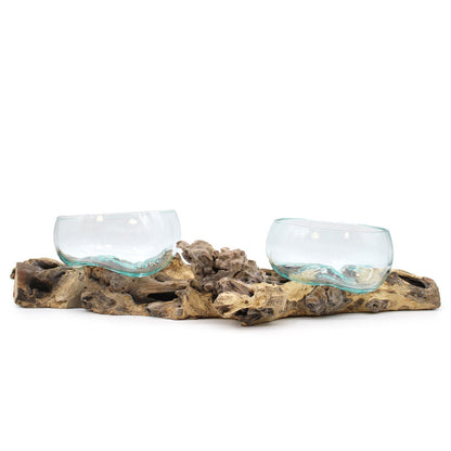 Alt Tag: Recycled Molten Glass Art – XL 70CM Stand with double recycled glass bowls on natural Gamal wood base, handcrafted in Bali