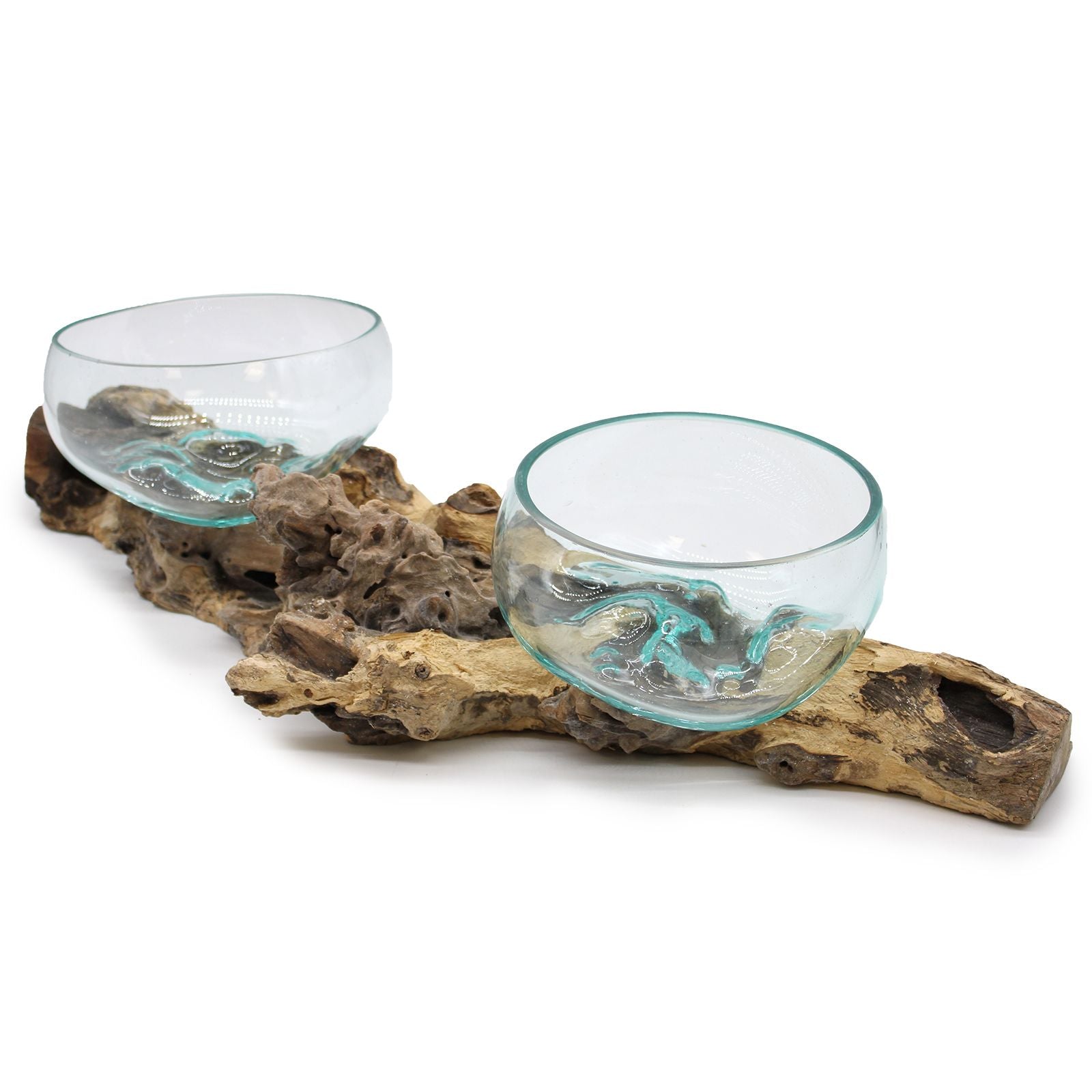 Alt Tag: Recycled Molten Glass Art – XL 70CM Stand double stand with hand-blown recycled glass bowls on natural Gamal wood base