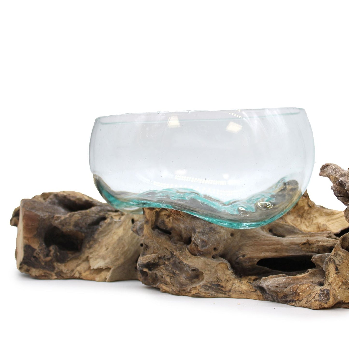 Alt Tag: Recycled Molten Glass Art – XL 70CM Stand, hand-blown recycled glass bowl on natural Gamal wood base, Bali handmade decor