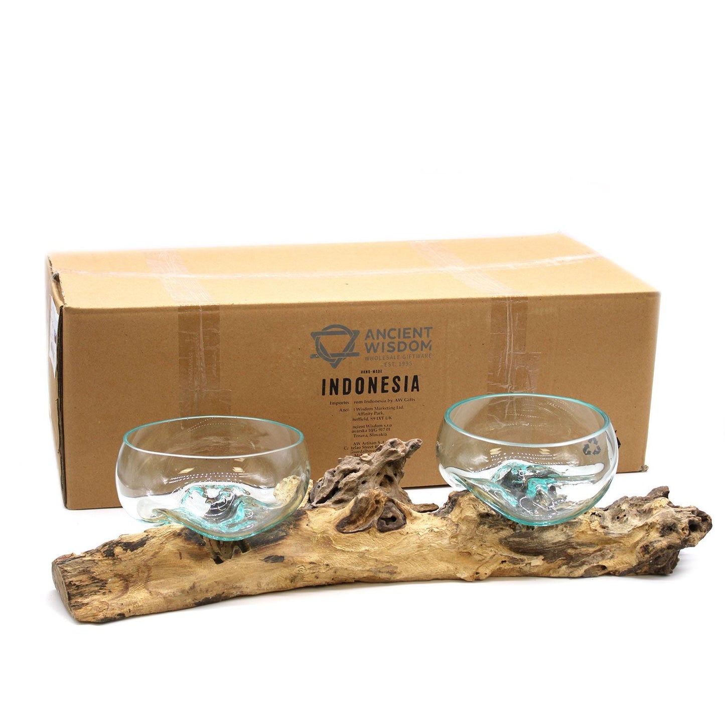 Alt Tag: Recycled Molten Glass Art – XL 70CM Stand with double recycled glass bowls on Gamal wood base, handcrafted in Bali