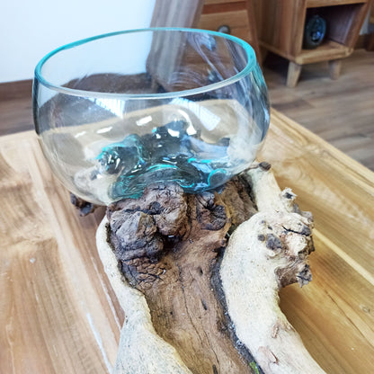 Recycled Molten Glass Art – XL 70CM Stand with hand-blown recycled glass bowl on natural Gamal wood base