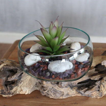 Recycled Molten Glass Art – XL 70CM Stand, recycled glass bowl on Gamal wood base with succulent and decorative stones