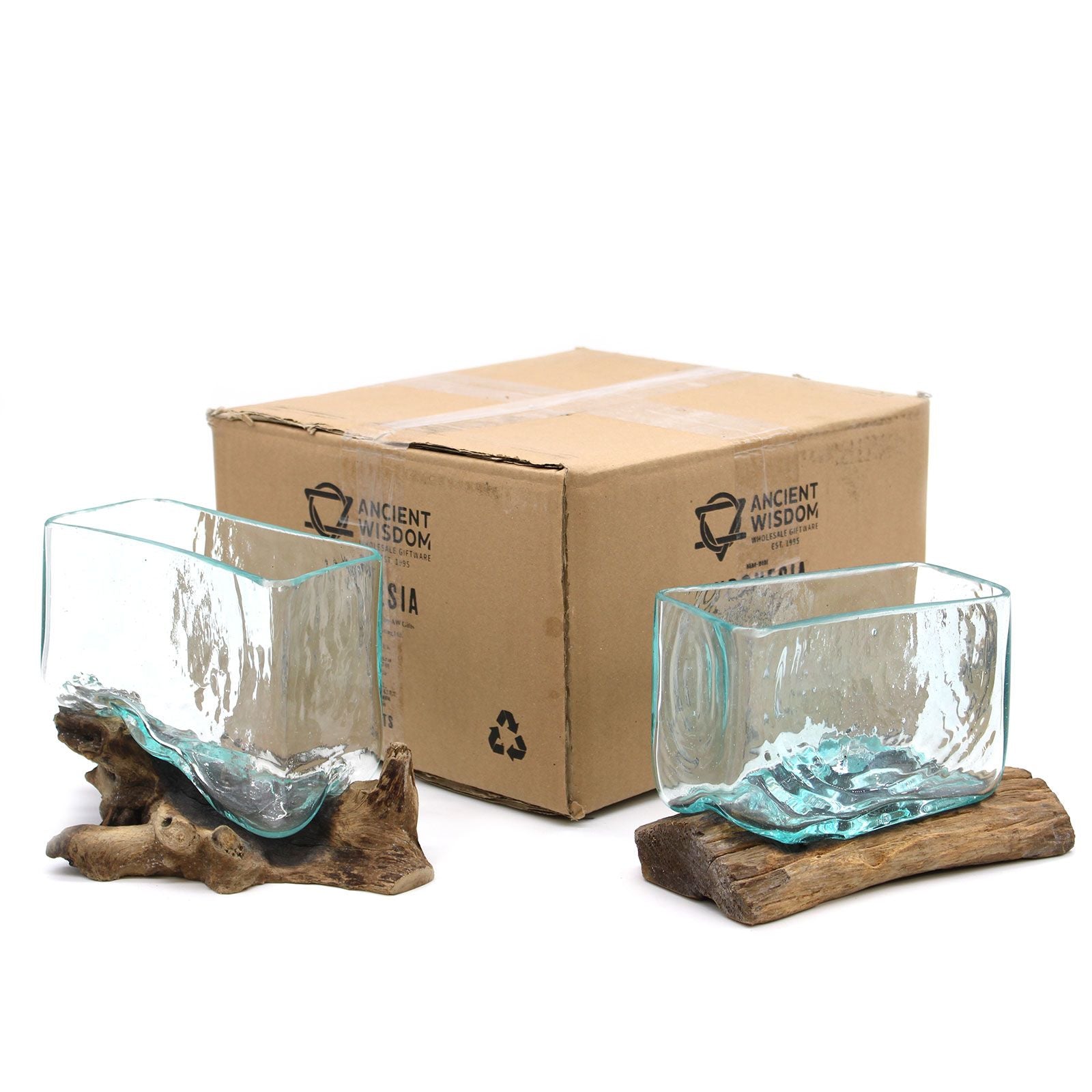 Recycled Molten Glass Bowl on Gamal Wood – Large set of handmade recycled glass bowls on natural Gamal wood bases with box