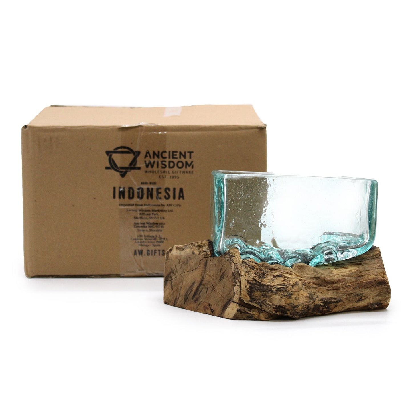 Alt Tag: Recycled Molten Glass Bowl on Gamal Wood – Large handmade recycled glass bowl on Gamal wood base, large, with packaging