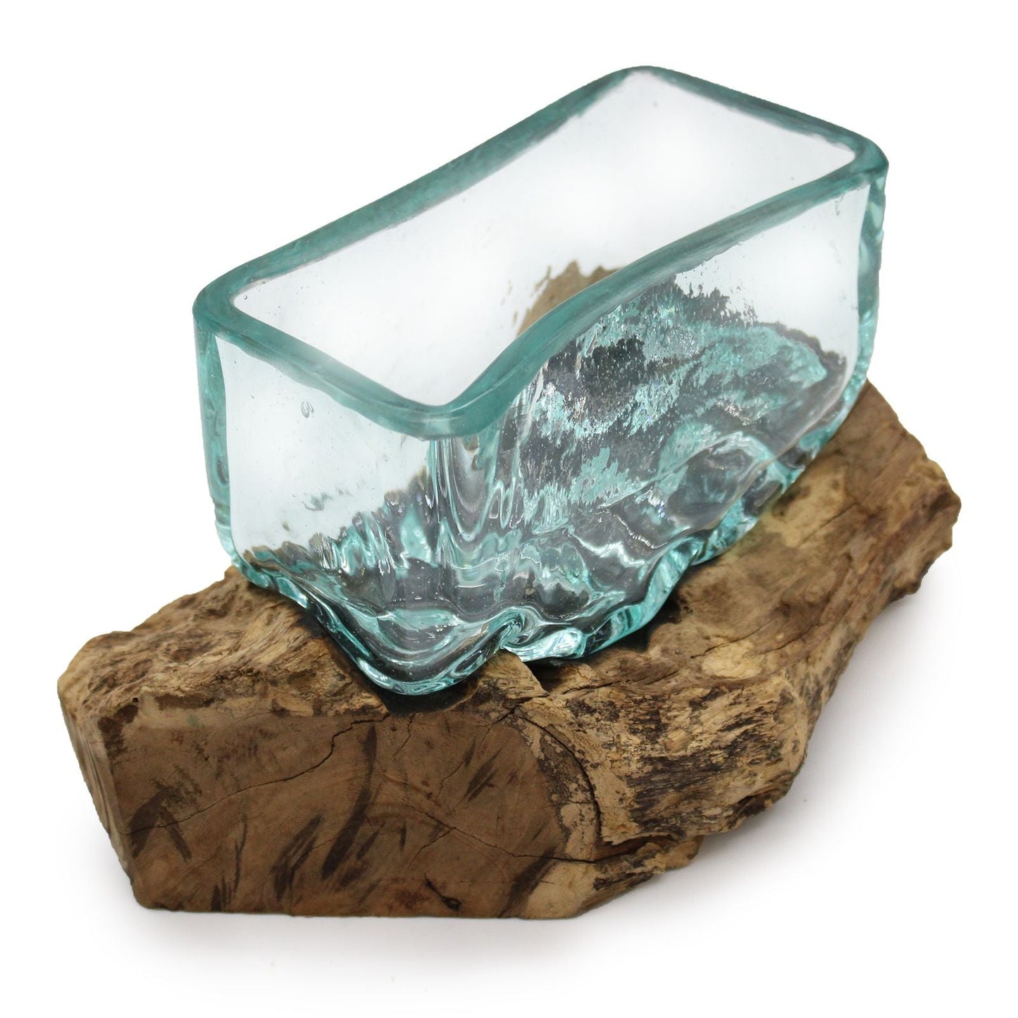 Recycled Molten Glass Bowl on Gamal Wood – Large, handmade recycled glass bowl on natural Gamal wood base