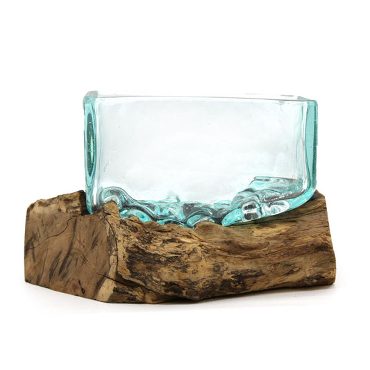 Alt Tag: Recycled Molten Glass Bowl on Gamal Wood – Large handmade recycled glass bowl on natural Gamal wood base, Bali-inspired decor