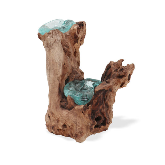 Recycled Molten Glass Candle Holder – Double Set with hand-blown aqua glass cups on natural Gamal wood base, rustic decor