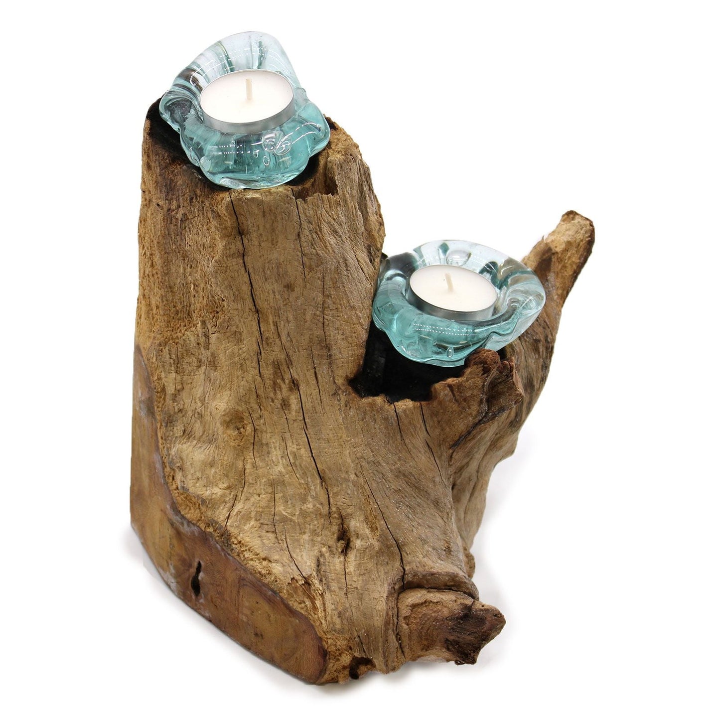Alt Tag: Recycled Molten Glass Candle Holder – Double Set with two tealight cups on rustic Gamal wood base