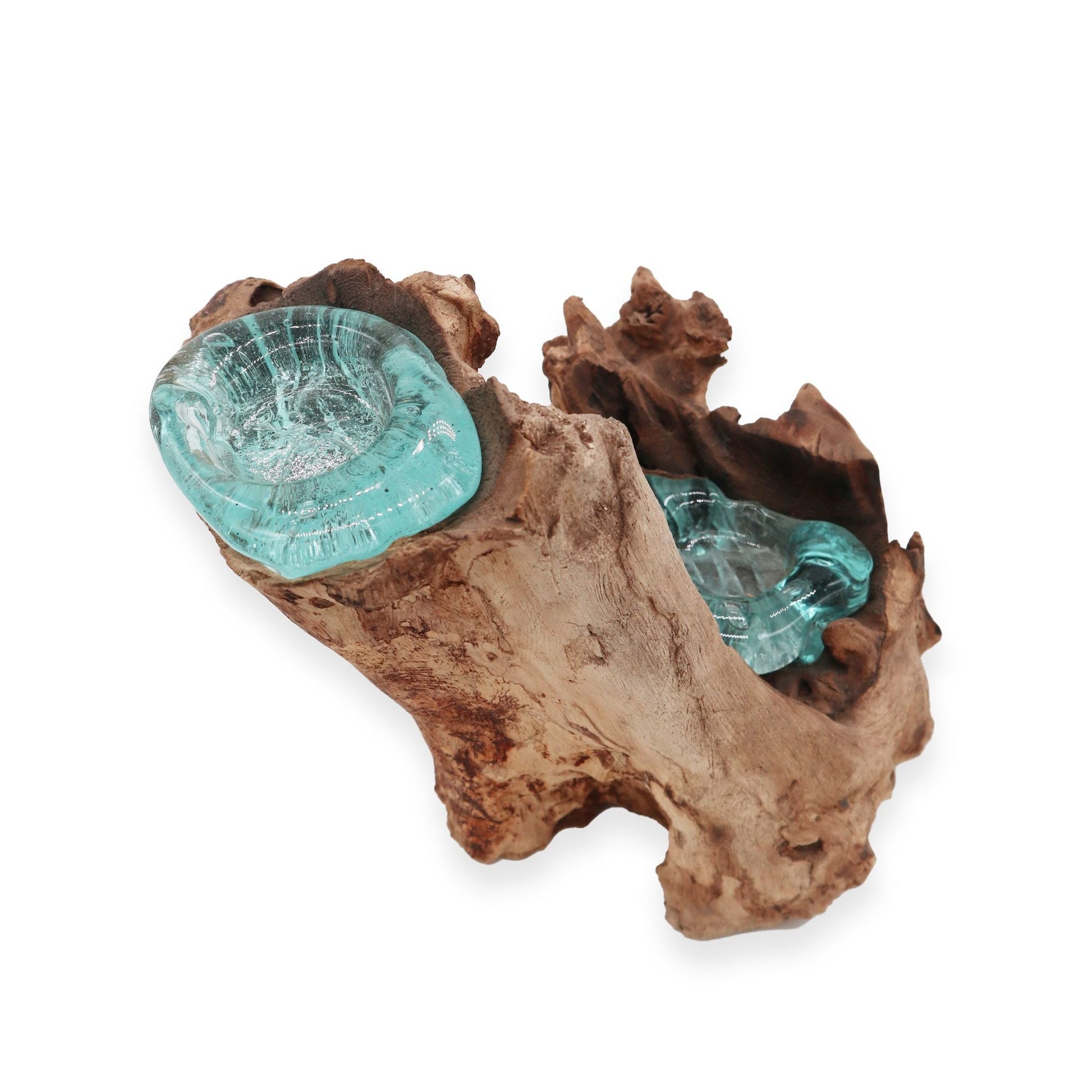 Recycled Molten Glass Candle Holder – Double Set on natural Gamal wood base with hand-blown aqua glass cups, artisan made