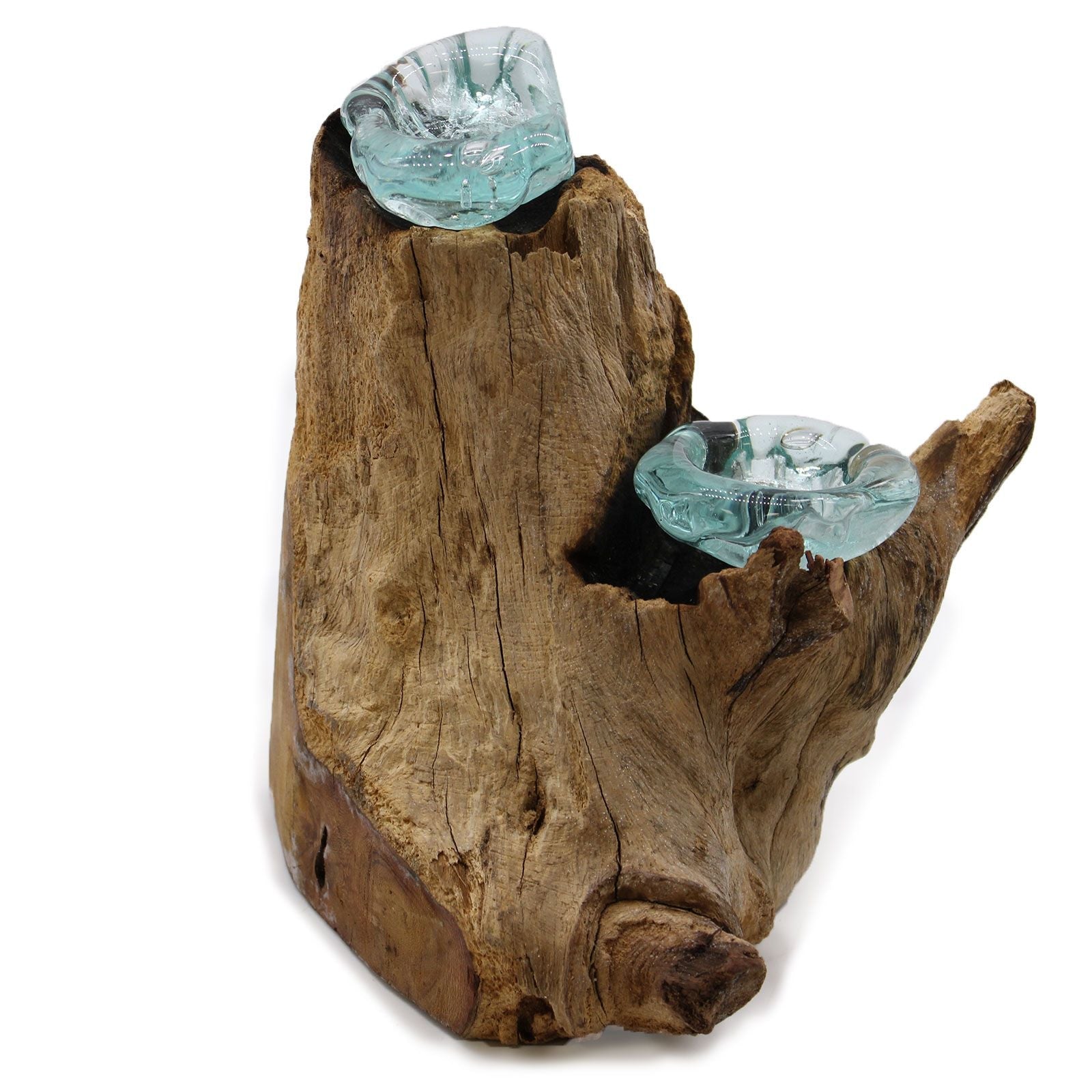 Recycled Molten Glass Candle Holder – Double Set with hand-blown aqua glass cups on rustic Gamal wood base