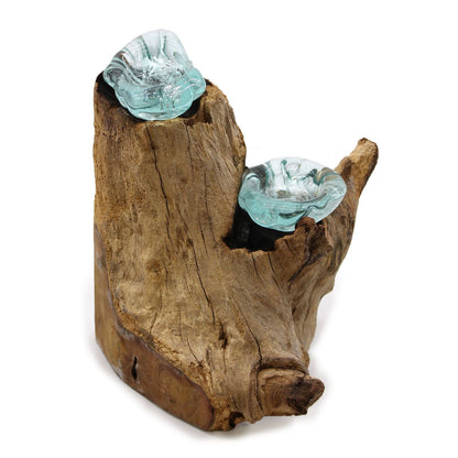 Recycled Molten Glass Candle Holder – Double Set on rustic Gamal wood base with two hand-blown glass tealight cups
