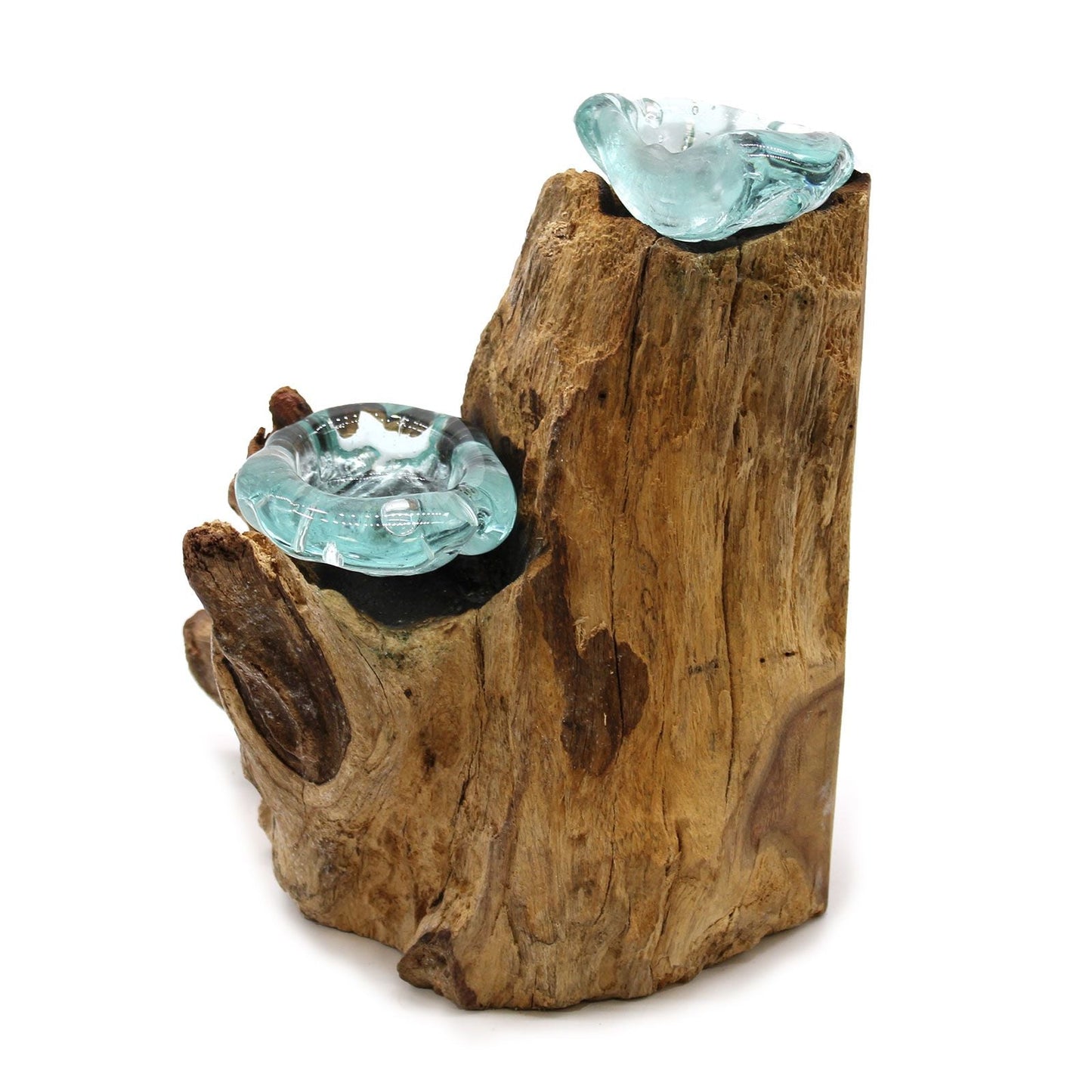 Alt Tag: Recycled Molten Glass Candle Holder – Double Set with hand-blown glass cups on rustic Gamal wood base, natural home decor
