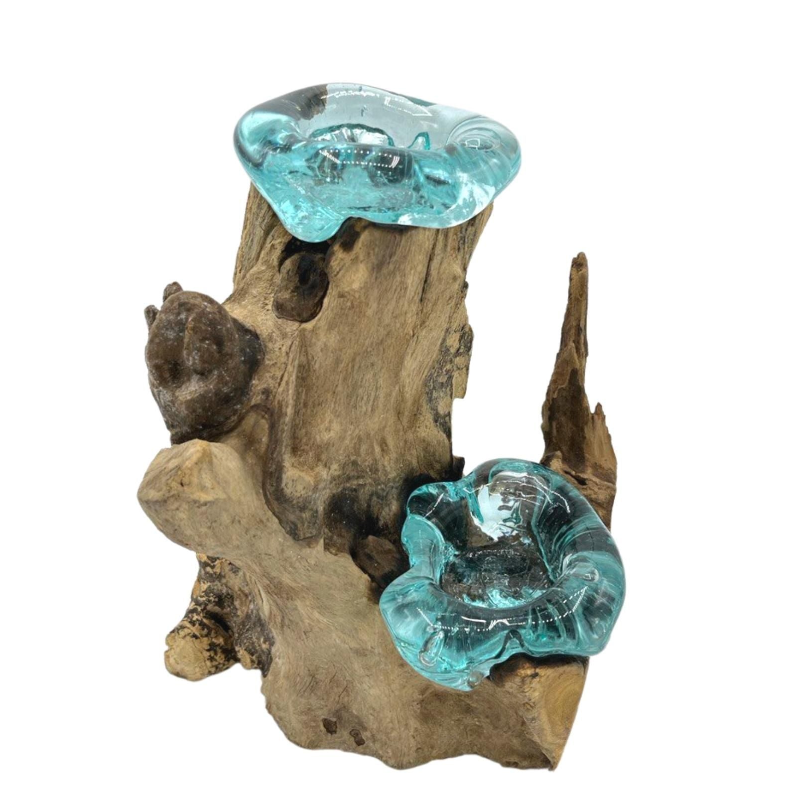 Recycled Molten Glass Candle Holder – Double Set with turquoise hand-blown glass cups on natural Gamal wood base