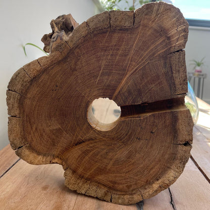 Alt-Tag: Recycelte Schale aus geschmolzenem Glas in Fischform – 32CM mit Gamal-Holzsockel, recyceltes formgepresstes Glas, Seitenansicht auf dem Tisch