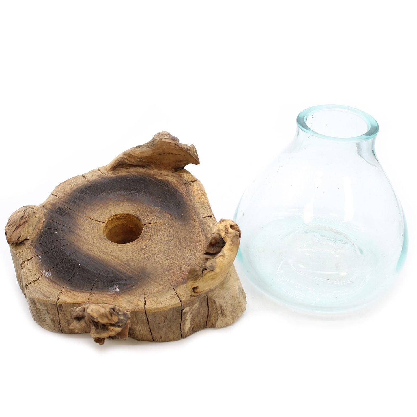 Alt-Tag: Fischschale aus recyceltem geschmolzenem Glas – 32CM aus recyceltem Glas mit Holzsockel Gamal, transparenter Dekobehälter 3.7L