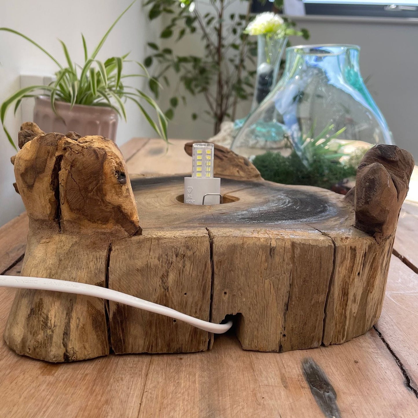 Recycelte Fish Bowl aus geschmolzenem Glas – 32CM auf einem Sockel aus recyceltem Gamal-Holz, mundgeblasene Glasschale in organischer Form zur Dekoration