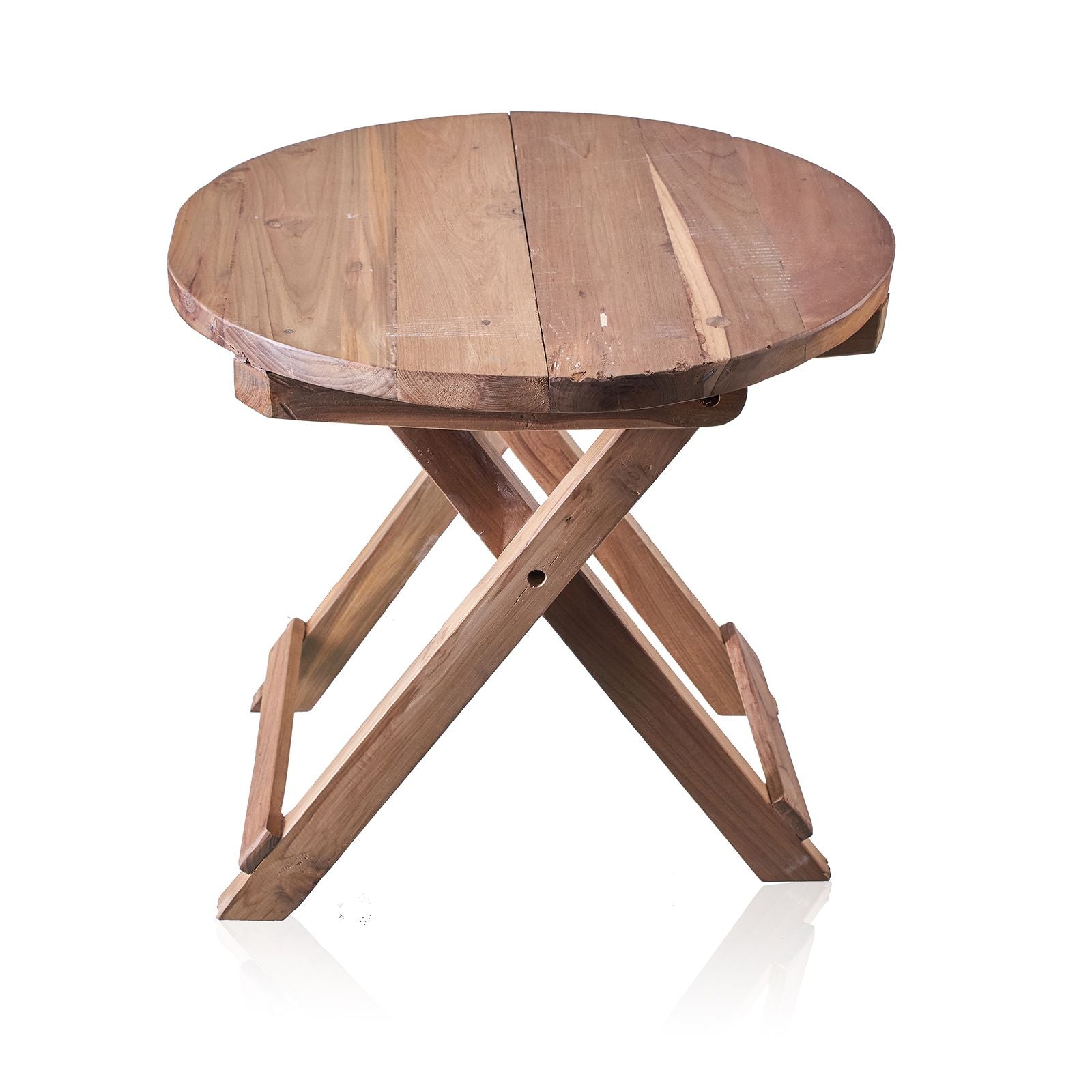Alt Tag: Recycled Teak Coffee Table – 50x50 CM, mesa de centro redonda de teca reciclada hecha a mano en Bali con base plegable