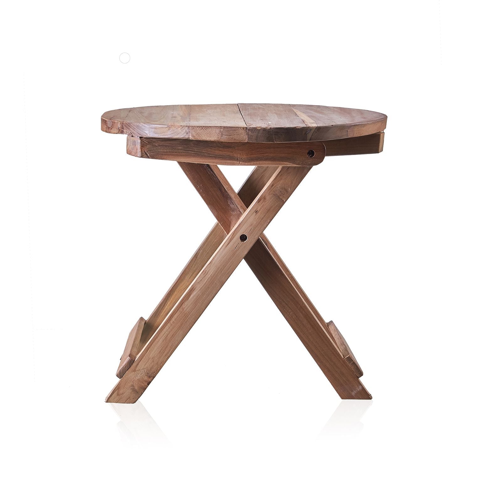 Recycled Teak Coffee Table – 50x50 CM round recycled teak wood coffee table with X-leg base, handmade in Bali