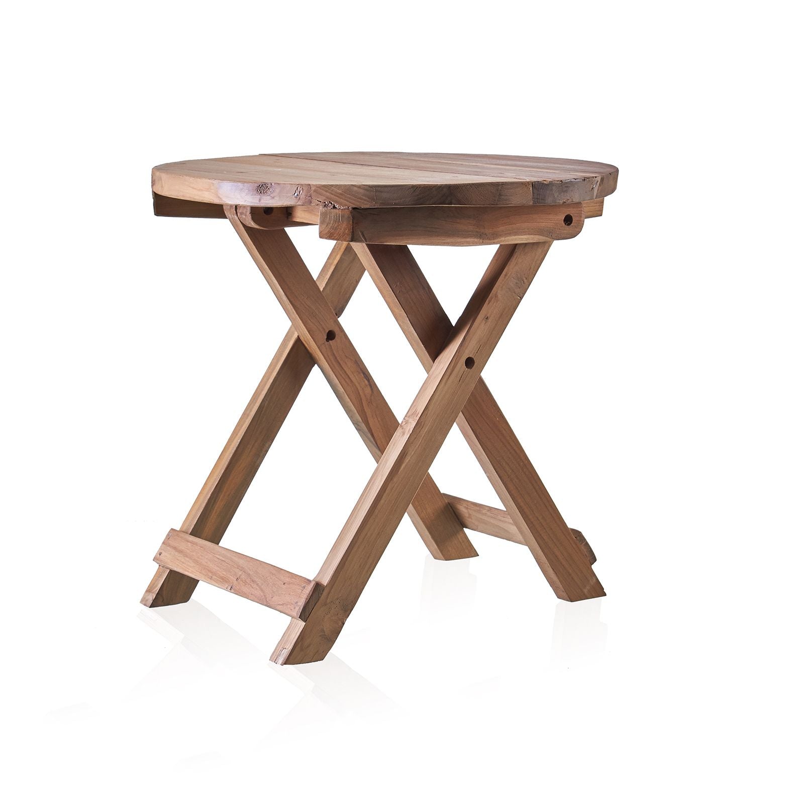 Recycled Teak Coffee Table – 50x50 CM round recycled teak wood coffee table with X-leg base, handmade in Bali