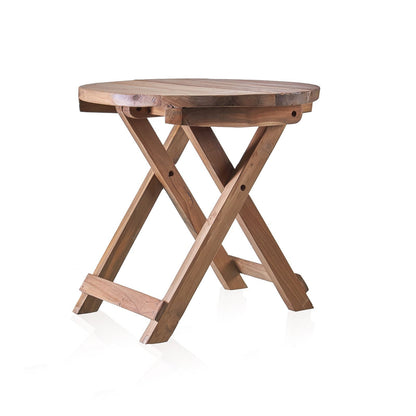 Recycled Teak Coffee Table – 50x50 CM round recycled teak wood coffee table with X-leg base, handmade in Bali