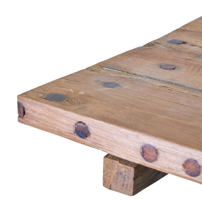 Recycled Teak Folding Coffee Table – 50x50CM close-up of reclaimed teak tabletop with rustic grain and wood plugs