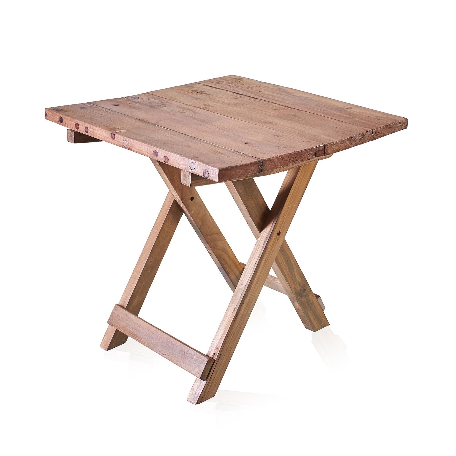 Alt Tag: Recycled Teak Folding Coffee Table – 50x50CM, mesa de centro plegable de teca reciclada con acabado natural y patas en X