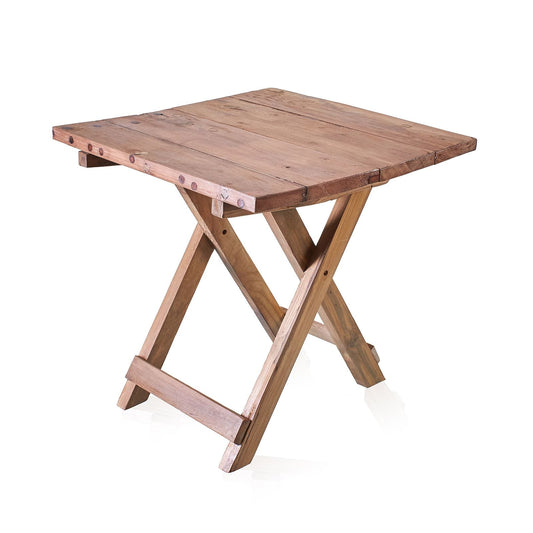 Alt Tag: Recycled Teak Folding Coffee Table – 50x50CM, mesa de centro plegable de teca reciclada con acabado natural y patas en X