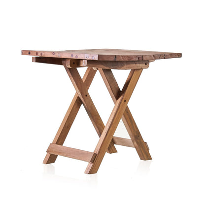 Alt Tag: Recycled Teak Folding Coffee Table – 50x50CM, mesa de centro plegable de teca reciclada con acabado natural, vista lateral